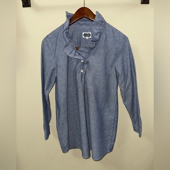Mudpie Womens XS Pullover Blue Chambray Dress Ruffle Neck Long Sleeve EUC - Picture 1 of 6